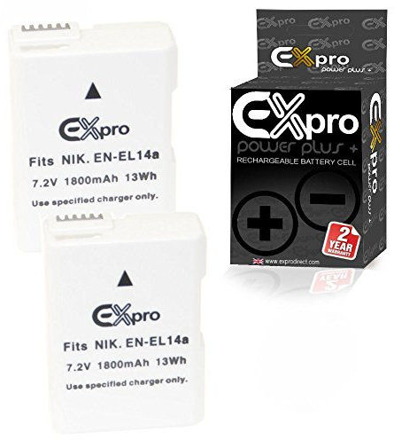 Ex-Pro EN-EL14, EN-EL14A - 1800mAh ULTRA Capacity Power Plus+ Lithium Li-on Digital Camera Battery Compatible with/Replacement for Nikon Cameras [See Description for Models] [2 Pack]