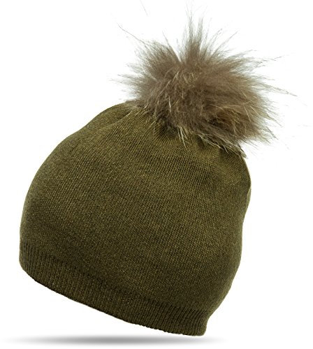 Caspar MU147 Damen Feinstrick Mütze Bommelmütze mit XL Fellbommel, Farbe:Oliv grün, Größe:One Size