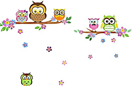 denoda® Eulen, Äste und Blumen - Wandsticker (Owl Wanddekoration Wohndeko Kinderzimmer Baby-zimmer Jugendzimmer Wohnzimmer niedlich süß)