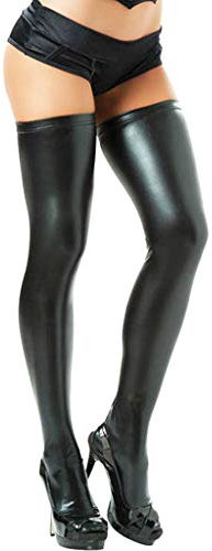 iEFiEL Damen Lack Latex Wetlook Overknee Strümpfe Stocking Optik Reizwäsche (Schwarz)