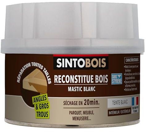 SINTO Reconstitue Bois Angles & Gros Tous - Teinte Blanc - 500 ml - Idéal pour Reconstituer, Réparer et Reboucher - Pour Meubles, Volets, Parquets - Séchage express