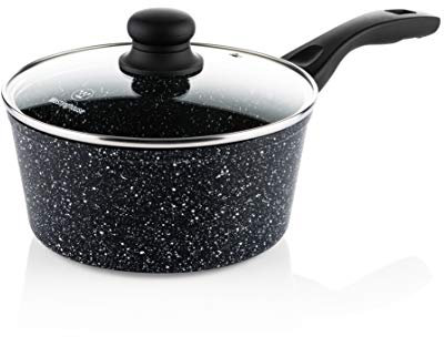 Westinghouse Casserole à manche 20 cm avec couvercle en verre, revêtement antiadhésif en marbre 3 couches, en aluminium forgé, compatible avec induction, poignée avec revêtement en silicone, noire