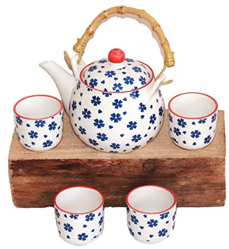 AAF Nommel®, Asia-Art-Factory, Teeservice Teeset Ruka Weiss blau Blumen mit Bastgriff Keramik, Nr. 270