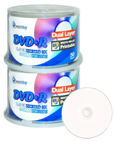 Smart Buy 100 Pack DVD+r Dl 8.5gb 8X DVD Plus R Double Layer Printable White Inkjet Blank Data Recordable Media 100 Discs Spindle
