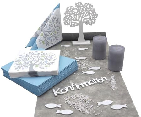 ZauberDeko Tischdeko Kommunion Konfirmation Blau Grau Weiß Baum des Lebens Set 20 Personen