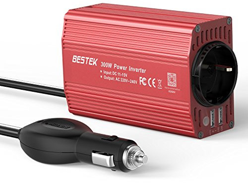 BESTEK Wechselrichter, Metall, 300 W, 12 V, 220 V auf 240 V, Zigarettenanzünder, Stromtransformator, mit 1 französischer Steckdose und 2 USB-Ports für Auto und LKW – Rot