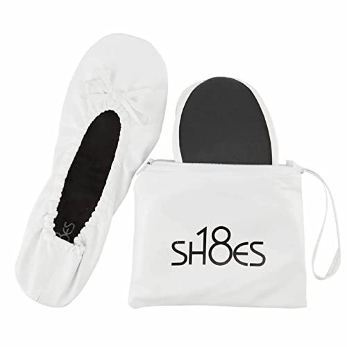 Shoes 18 Women's Foldable Portable Travel Ballet Flat Shoes w/Matching Carrying Case SH-18 White 7/8 UK