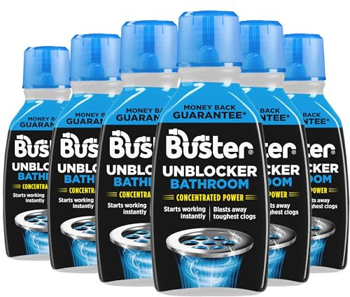 Buster Bathroom Plughole Unblocker, 300ml, Pack of 6, Unblock Hair & Sludge from Showers, Baths & Sinks – Fast-Acting Plughole Unclogger, Clears Blockages & Slow-Draining Water