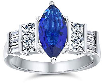 Bague De Fiançailles Solitaire Ovale Marquise En Saphir Bleu Simulé De Style Art Déco Pour Femme En Argent Sterling .925 Personnalisable De Domaine Vintage