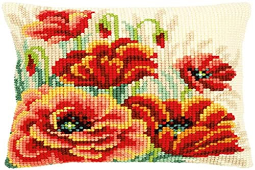 VERVACO Kreuzstich Stickpackungen Kissen Stickerei Set Anfänger Vorgedruckt Mohnblüten II DIY Set Kreativ Set Für Erwachsene Dekoratives Kissen ca. 40 x 40 cm Bastelset Handwerker Haus Dekoration
