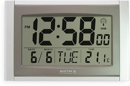 Acctim Stratus Digital Wall/Desk Clock Radio Controlled Tabletop LCD Display Date & Thermometer Silver