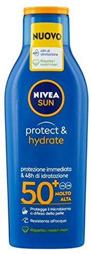 NIVEA SUN Protect & Hydrate SPF 50+ 200 ml, Crema solare 50+ idratante 48h ad assorbimento rapido, Protezione solare 50+ resistente all'acqua arricchita con Vitamina C e Acido Ialuronico