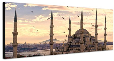 Paul Sinus Art Panoramabild auf Leinwand und Keilrahmen 120x40cm Istanbul Moschee Sonnenuntergang Vögel