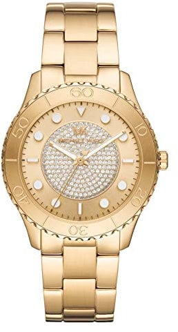 Michael Kors Damen Quartz Armbanduhr, 42.00mm Gehäusegröße mit champagnerfarben analog Zifferblatt und Gold Metallarmband Armband MK3179