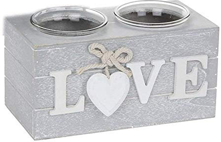 Portacandele doppio in stile shabby chic, color grigio provenzale, disponibile con le scritte Love o Home Grey