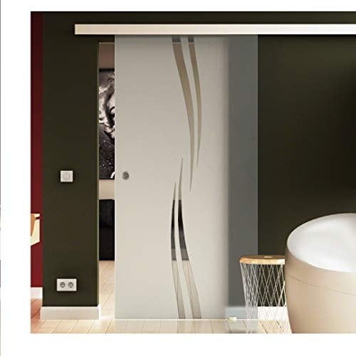 Glasschiebetür 102,5x205 cm in ESG-Milchglas mit Wellen-Dessin (A) Levidor® - System komplett. Laufschiene und Muschelgriffen, Schiebetür aus Glas für Innenbereich, in sehr hochwertiger Qualität.