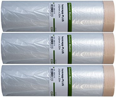 Colorus Masker Tape PLUS – 3 Rollen 210 cm x 20 m – Abdeckfolie mit Feinkrepp Klebeband | HDPE Folie selbsthaftend | Malerband für großflächiges Abkleben