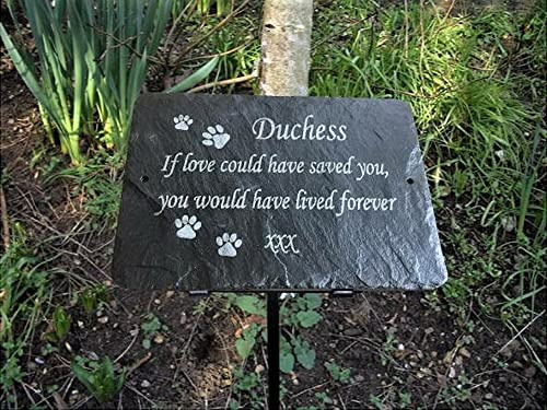 Personalised Pet Memorial Plaque 25cm x 18cm with Optional Stake | Slate grave marker for dogs, cats and pets. Custom memorial garden plaque and pet remembrance gift.