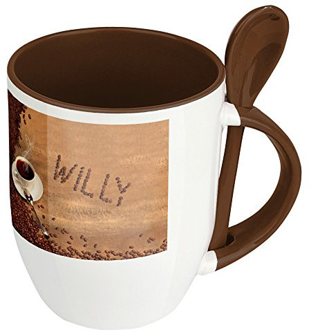 Namenstasse Willy - Löffel-Tasse mit Namens-Motiv Kaffeebohnen - Becher, Kaffeetasse, Kaffeebecher, Mug - Braun