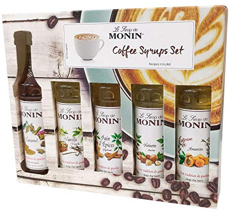 MONIN - Arômes Naturels,Sans Alcool,Sans Allergènes Coffret pour Boissons Chaudes - Caramel, Amaretto, Noisette Grillée, Pain d'Épices et Vanille - 5x5cl