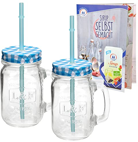 HIT 2er Set Trinkgläser mit Deckel und Strohhalm inkl. Rezeptheft I 0,5L Trinkbecher mit Strohhalm & blau-kariertem Deckel für Cocktails Säfte Smoothies uvm I Cocktailgläser - Glas mit Trinkhalm