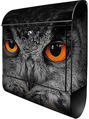 banjado® Design Briefkasten mit Uhu 38,5x46,5x13cm & 2 Schlüssel - Briefkasten Stahl schwarz mit Zeitungsfach pulverbeschichtet - Postkasten A4 Einwurf inkl. Montagematerial