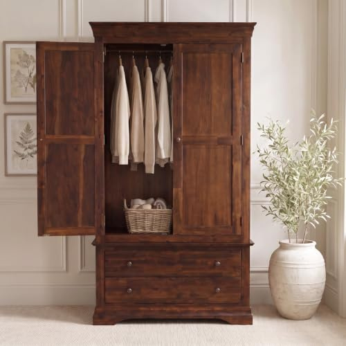 The Furniture Market French Hardwood Mahogany Stained 2 Door 2 Drawer Double Wardrobe - Mahogany Stain, Full-Length Hanging Rail, 2-Drawer Storage, Solid Acacia - H 2005mm x W 1125mm x D 570mm