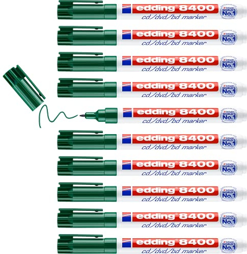 edding 8400 Cd/DVD/Bd Marker - Green - 10 Pens - Fine Round Nib 0.5-1 Mm - for Permanent Labelling of Cds, DVDs and Blu-Ray Discs