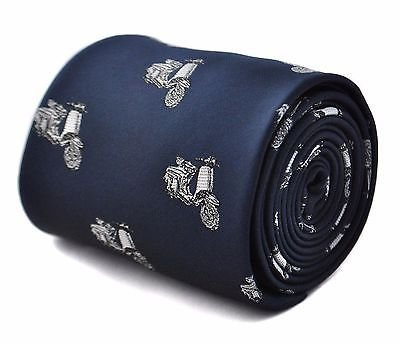 Frederick Thomas navy blue tie with scooter pattern and signature floral back design for men, quirky novelty necktie, premium tailored accessory for work, weddings and parties, gift idea