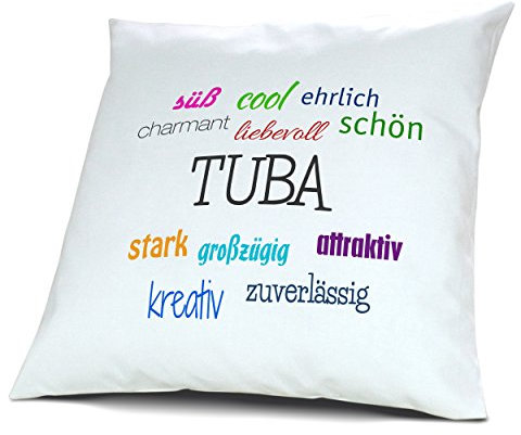 digital print Kopfkissen mit Namen Tuba - Motiv Positive Eigenschaften, 40 cm, 100% Baumwolle, Kuschelkissen, Liebeskissen, Namenskissen, Geschenkidee, Deko