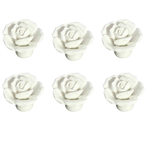 FBSHOP(TM) 6PCS Weiß 40mm Lovely Rose-Blumen-Keramik-Türknauf Griff Knöpfe Ziehen Möbelknöpfe für MöbelknöpfeSchublade, Schrank, Bin, Kommode, Schrank, etc. mit Schrauben