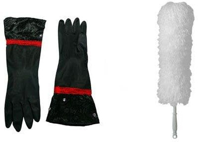 trendfinding 1 Paar Design Haushaltshandschuhe Schwarz mit Spitze + 1 Microfaser Staubwedel Weiß 45 cm