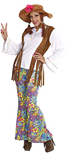 Widmann - Kostüm Woodstock Hippiefrau, Bluse mit Weste, Hose und Hut mit Haaren, Fasching