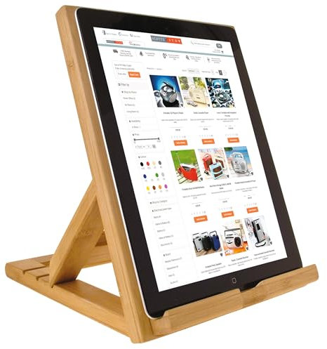 Bamboo Wood Tablet Holder – Foldable Table, Bed, Sofa, Floor, Desk or Lap Mounted Wooden Device Stand with 3 Adjustable Angles for Tablets, Phones & E-Readers – Measures H25 x W20 x D25cm