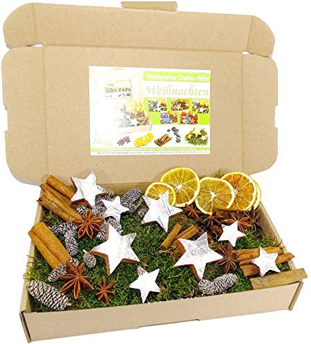 MGS SHOP Deko - Mix WEIHNACHTEN Bastelset kreative Idee Natur Dekoration mit Moos Anis Zimt Orangenscheibe Kokosstern (SILBER)
