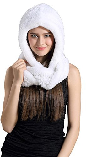 BeFur Dicke Flauschige Fellmütze Echte Rex Kaninchen Fell Schal Stricke Kapuze Kapuzenschal- color 1