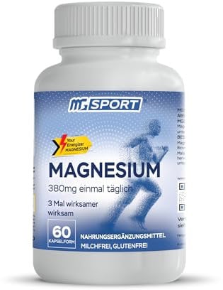 MGSPORT Magnesium Kapseln 60 Stk. - 380 mg Magnesium, Trägt zu einer normalen Muskelfunktion und zum Erhalt normaler Knochen bei, Vitamin Kapseln mit Vitamin B6, E und D