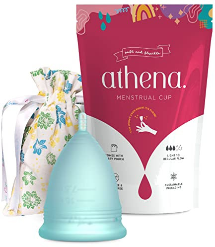Coppetta Mestruale Athena Cup - Coppetta per Mestruazioni Ideale per Flusso Leggero e Regolare - Custodia Inclusa - Taglia 1, Blu Trasparente - Alternativa Naturale ad Assorbenti e Tamponi