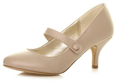 Ajvani Womens Ladies Low mid Heel Mary Jane Strap Work Party Court Shoes, Nude Matte, 7 UK