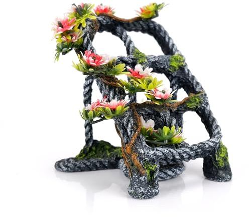 CLASSIC Mangled Rope with Plants Aquarium Ornament – Nautical Fish Tank Decoration with Swim-Throughs – 125x125x137mm