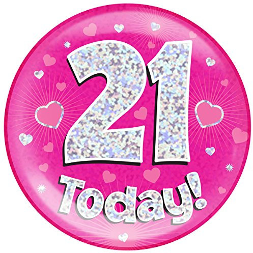 Großer Anstecker, englischsprachige Aufschrift „21 Today“, holografische Oberfläche, Pink, 15,2 cm