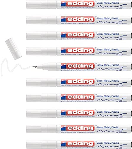 edding 780 gloss paint marker - white - 10 paint markers - extra-fine round tip 0.8 mm - paint pen for glass, pebbles, wood, plastic, paper - waterproof, high coverage