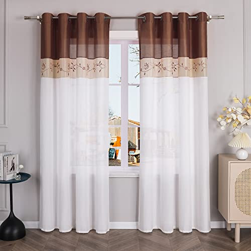 Thinkbay Bestickt Ösen Gardine mit Bordüre 1er-Pack Vorhang H*B 225 * 140cm Kaffeebraun