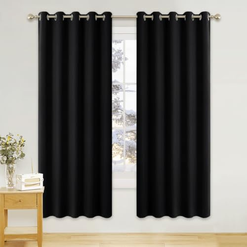 PONY DANCE Blackout Eyelet Curtains, Black, 2 Panels, 66 x 72 Inch | Thermal Insulated 72 Inch Drop Wide Curtains for Living Room, Room Darkening Drapes for Bedroom or Patio Doors