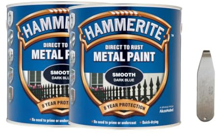 Twin Pack of Hammerite Smooth Dark Blue Metal Paint 2.5 litre with PSP Metal tin opener. Durable, corrosion resistant decorative coating for metals, certain plastics and wood