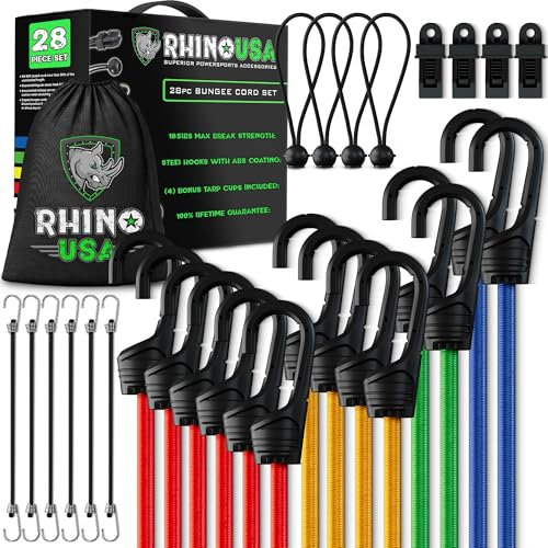 Rhino USA Bungee Cords with Hooks (28-Piece) Heavy Duty Outdoor Bungee Straps, Short, Medium & Long Sizes – 4 Free Tarp Clips, Drawstring Storage Bag, Canopy Ties & Ball Bungees – UV Weather Resistant
