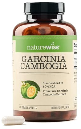 Naturewise Garcinia Cambogia - 60% HCA Concentration Extract, Natural Support for Weight Goals and Energy Levels - Vegan, Non-GMO, Gluten Free - 180 Capsules[2-6 Month Supply]