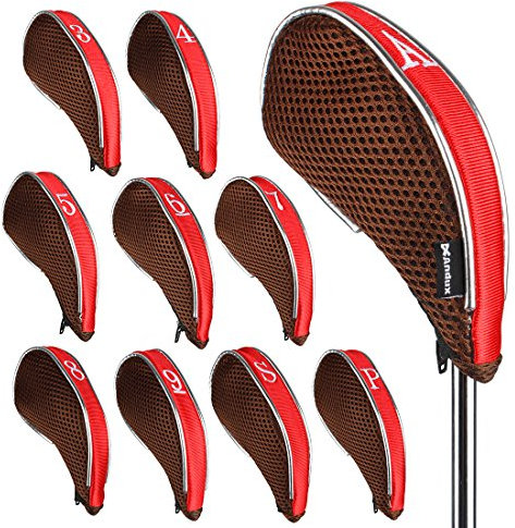Andux Mesh Golf Iron Club Head Covers with Zipper Left and Right Handed 10pcs/set (Coffee/Red)