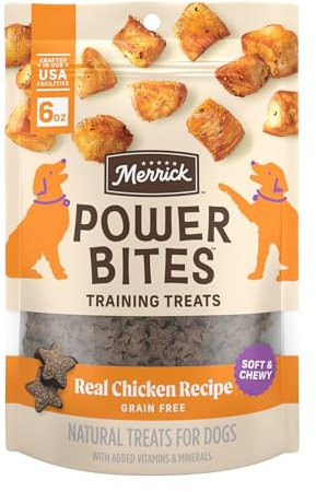 Merrick Power Bites Chicken Recipe Soft Dog Treats, Grain-Free Dog Snack with Real Chicken, 6 oz Bag