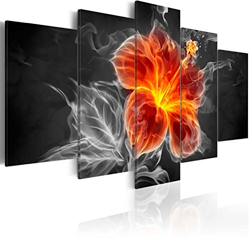 B&D XXL - Wandbilder XXL Abstrakt 100x50cm 5 tlg - Wand Deko Leinwand Bilder Groß Wanddeko Wohnzimmer Schlafzimmer Kunstdrucke - Feuerblume Lilien Flamme Blätter orange grau